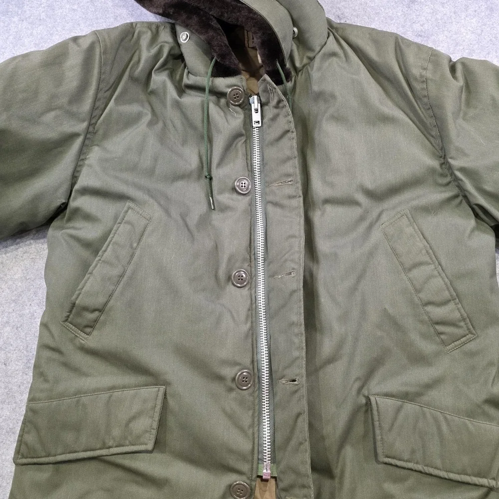 VTG LL Bean Parka Coat Mens 44 Green Hooded Canvas Fur Lined Insulated Military